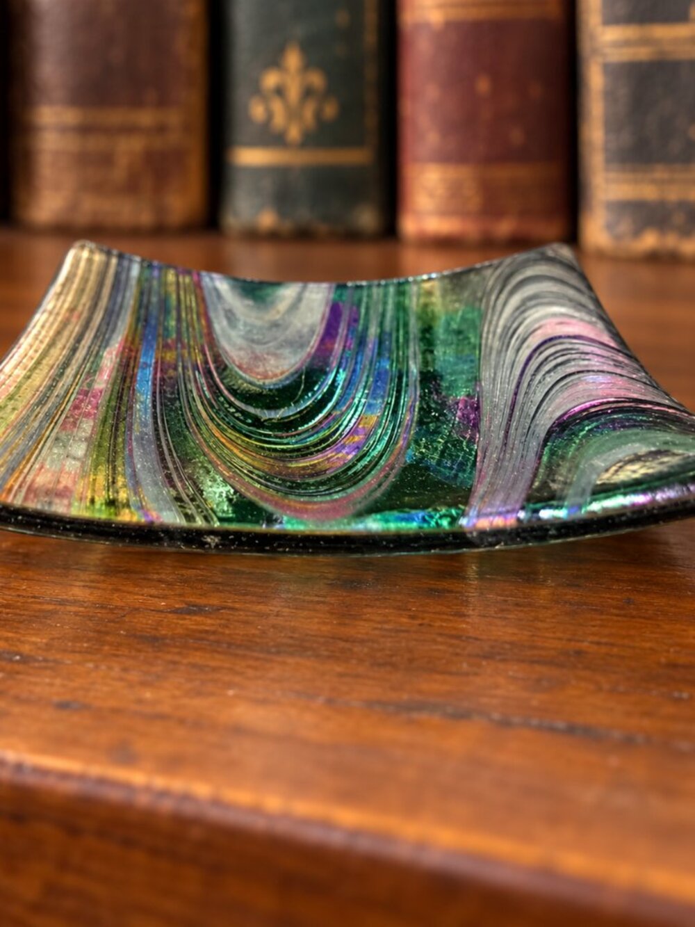 Vintage Iridescent Art Glass Square Trinket Ring Dish 4.5”